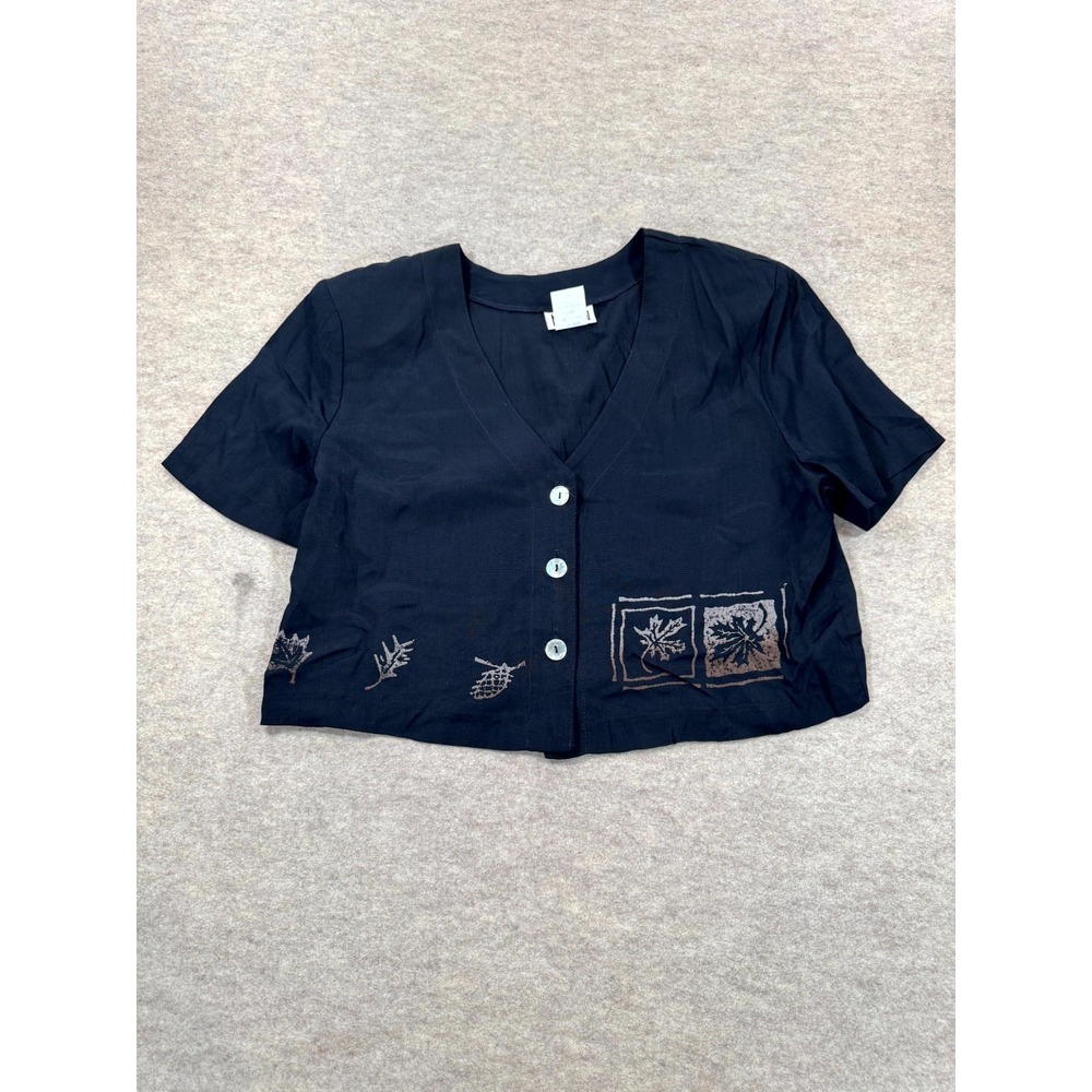 VTG Nina Piccalino Cropped Top Womens 12 Navy Blue Geometric V Neck Button Front